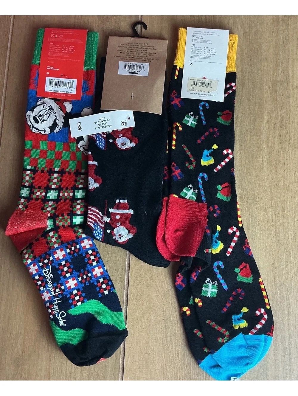 3 pair Christmas Holiday Socks Lot Disney Mickey Happy Socks Santa Novelty